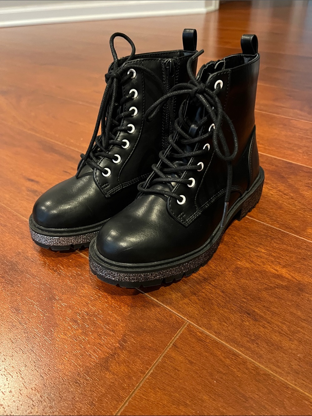 Steve Madden Black Lace-Up Combat Boots with Glitter Trim